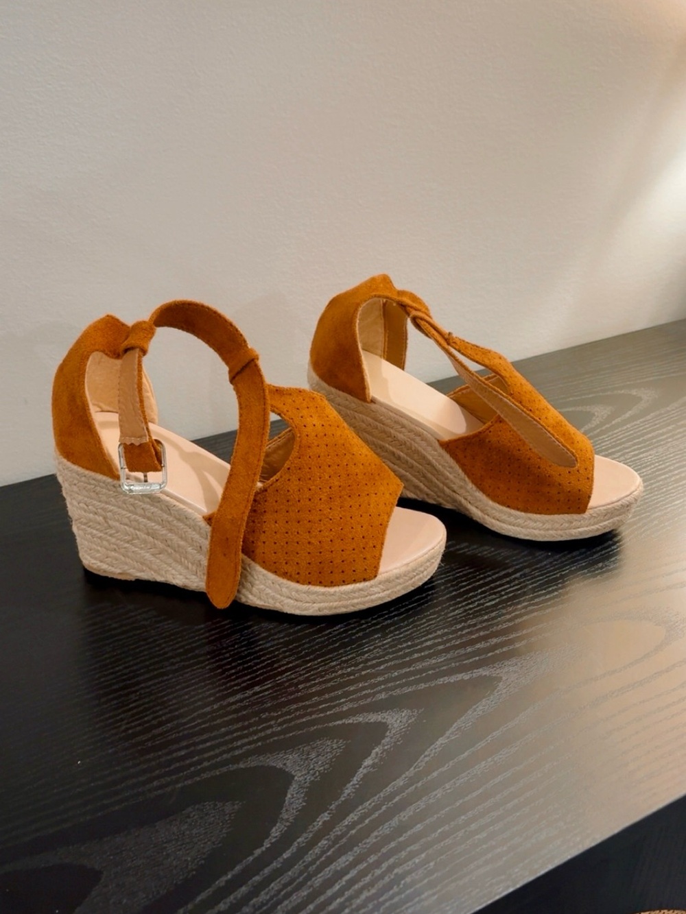Women’s Suede Espadrille Wedge Sandals in Cognac Brown 6.5